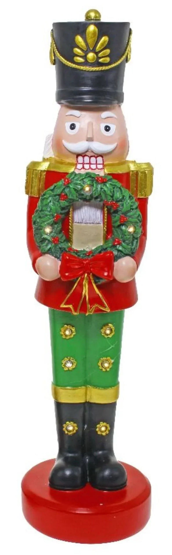 Christmas nutcracker holding wreath, festive holiday decor with red, green, gold accents