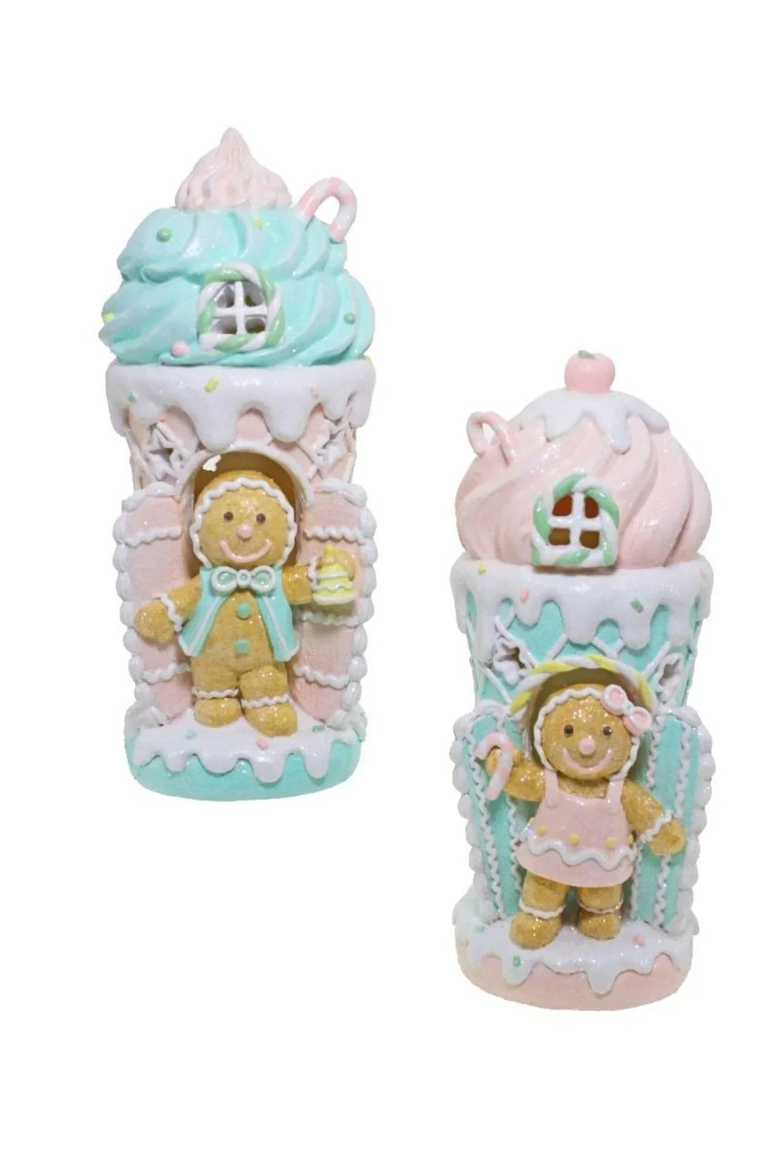 Cute gingerbread figurines in pastel cupcake houses, perfect for home décor and festive displays.