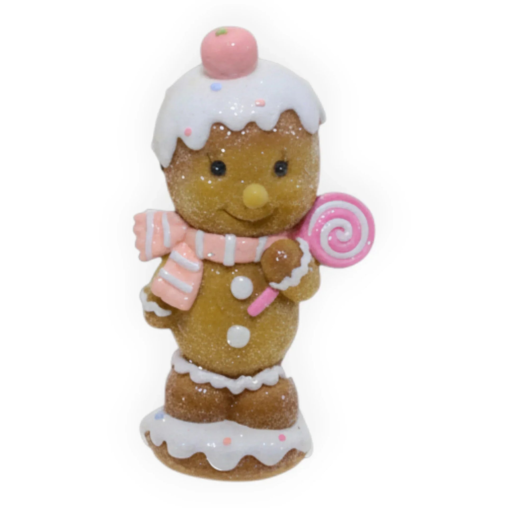Gingerbread figurine with pink scarf, lollipop, and icing details for festive home décor