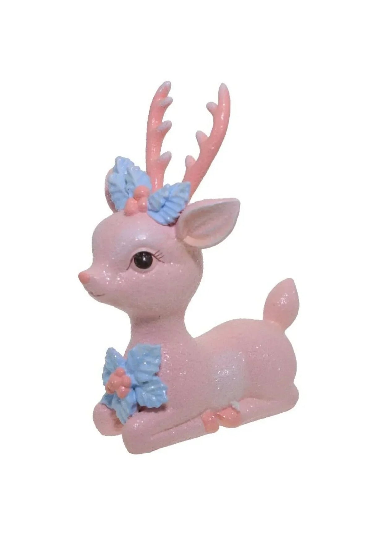 Pink glitter deer figurine with blue floral accents, perfect for home décor and vintage collections