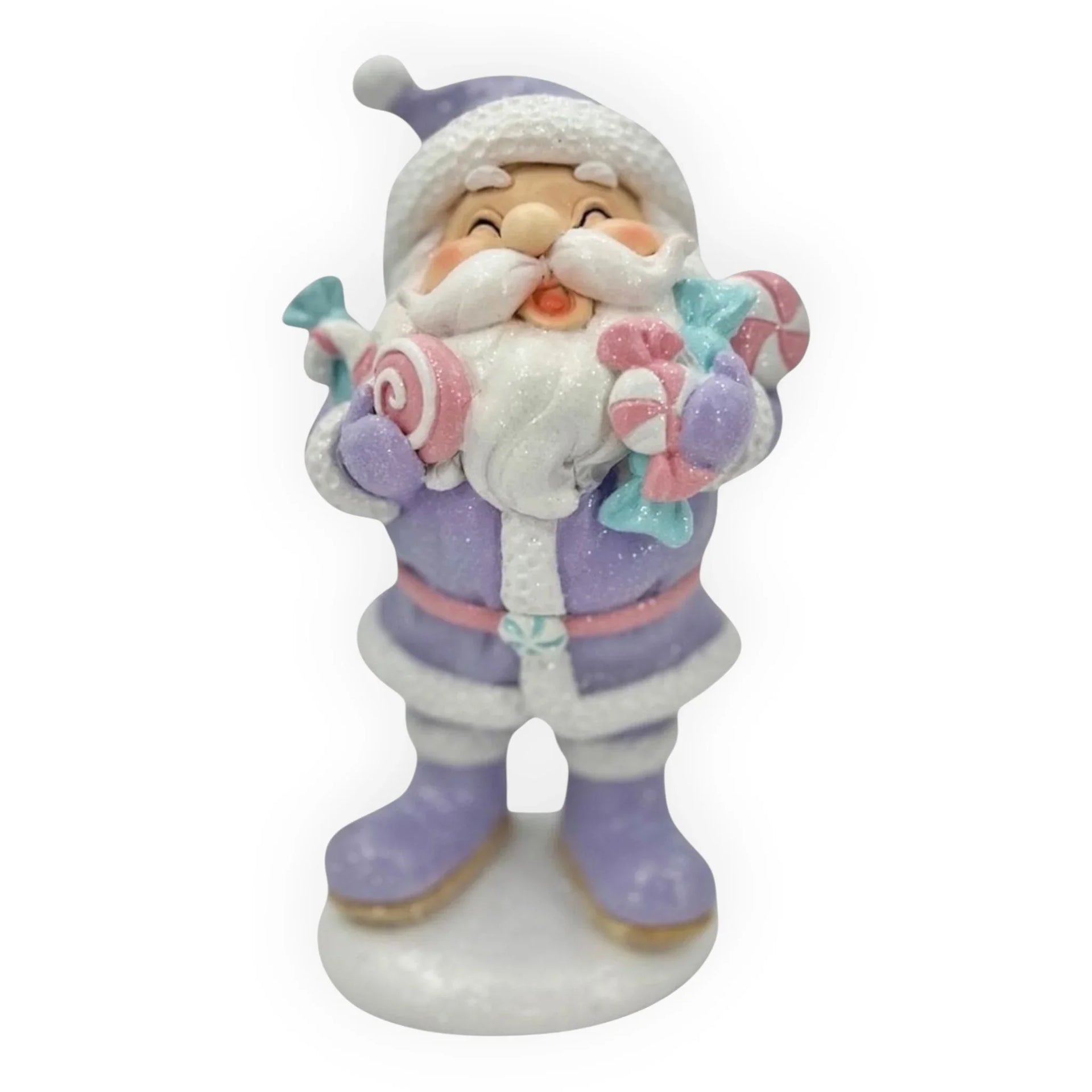 Purple Santa figurine holding pastel candy canes, festive holiday home décor with glittery details