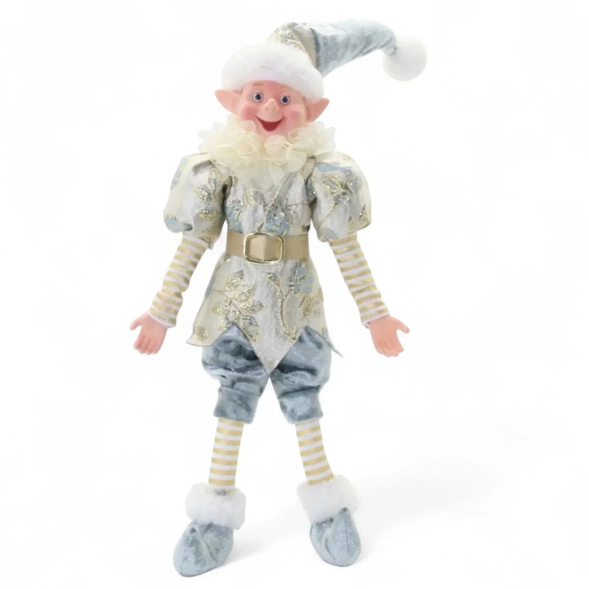 Festive elf figurine in blue and gold holiday attire with striped stockings and fluffy hat