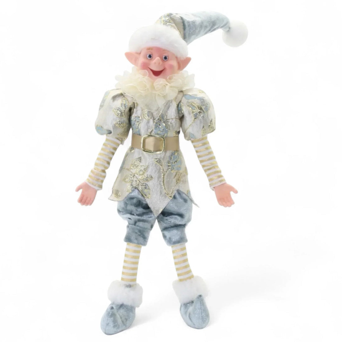 Festive elf figurine in blue and gold holiday attire with striped stockings and fluffy hat