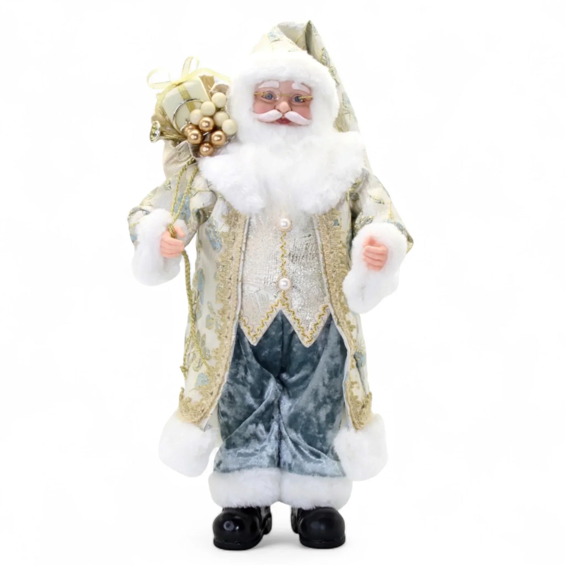 Elegant Santa Claus figurine with gold accents and festive ornaments, perfect for holiday décor