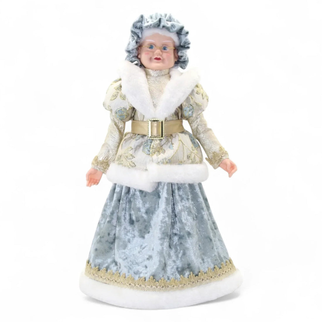 Elegant vintage-style doll in blue velvet gown with white fur trim and gold accents, perfect for holiday décor.
