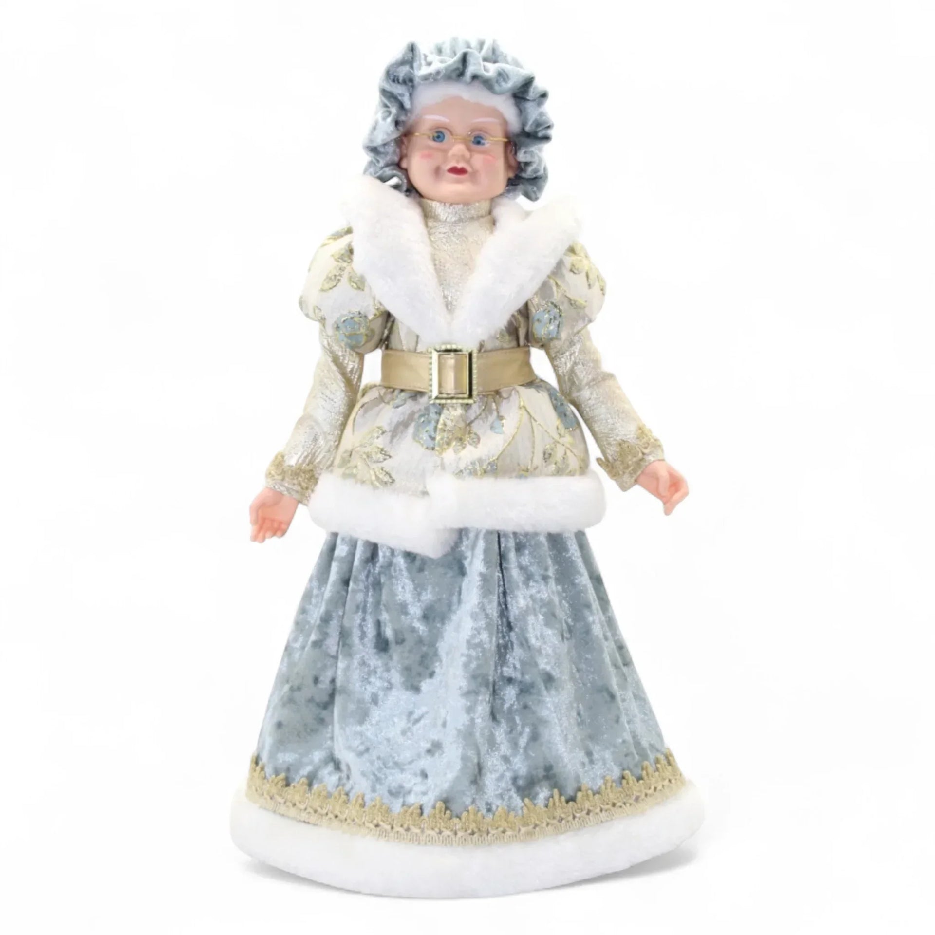 Elegant vintage-style doll in blue velvet gown with white fur trim and gold accents, perfect for holiday décor.