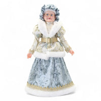 Elegant vintage-style doll in blue velvet gown with white fur trim and gold accents, perfect for holiday décor.