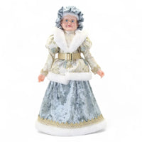 Elegant vintage-style doll in blue velvet gown with white fur trim and gold accents, perfect for holiday décor.