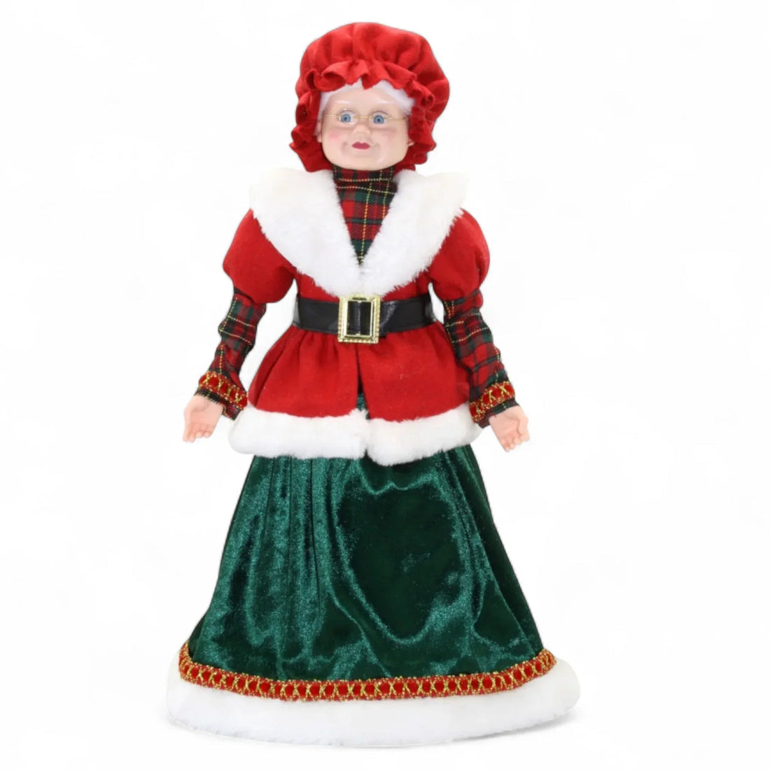 Festive Mrs. Claus doll in red plaid coat, green velvet skirt, and white fur trim for holiday décor