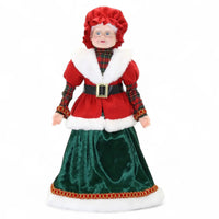 Festive Mrs. Claus doll in red plaid coat, green velvet skirt, and white fur trim for holiday décor