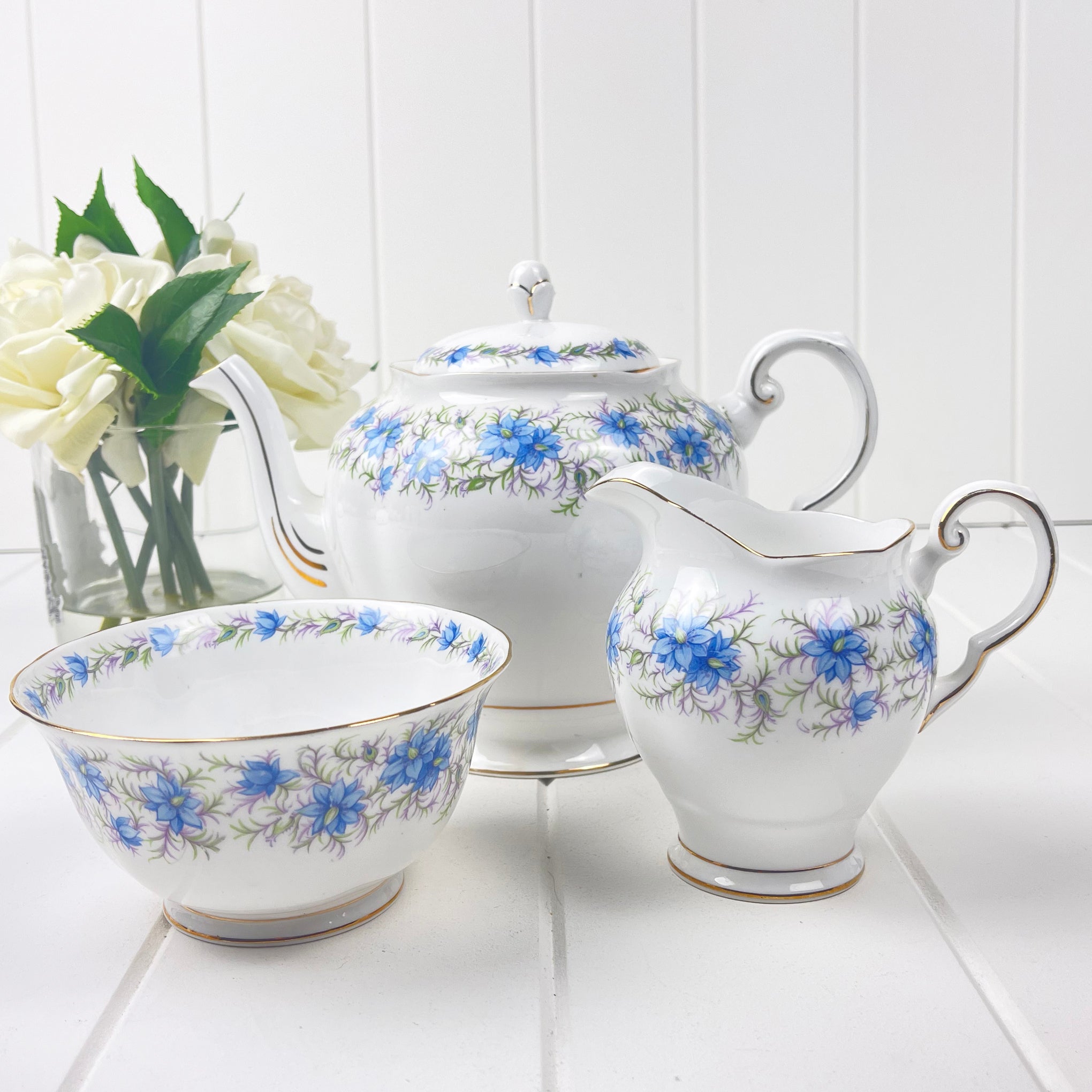 Tuscan Vintage Blue Love in the Mist Teapot, Sugar and Creamer