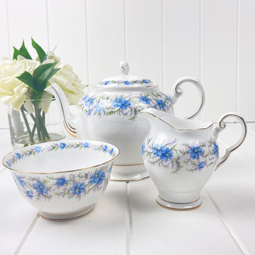 Tuscan Vintage Blue Love in the Mist Teapot, Sugar and Creamer