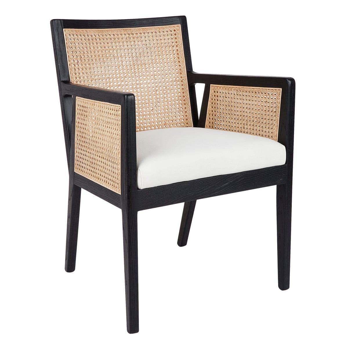 House Journey Kane Rattan Black Carver Dining Chair - White Linen