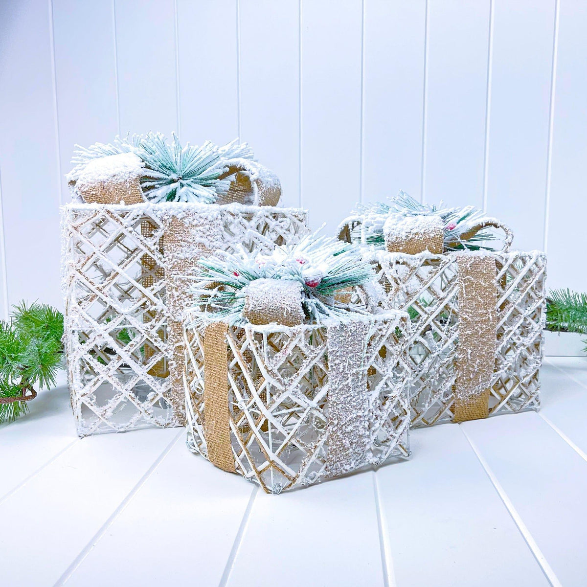 House Journey Rattan Light Up Christmas Presents - Set of 3