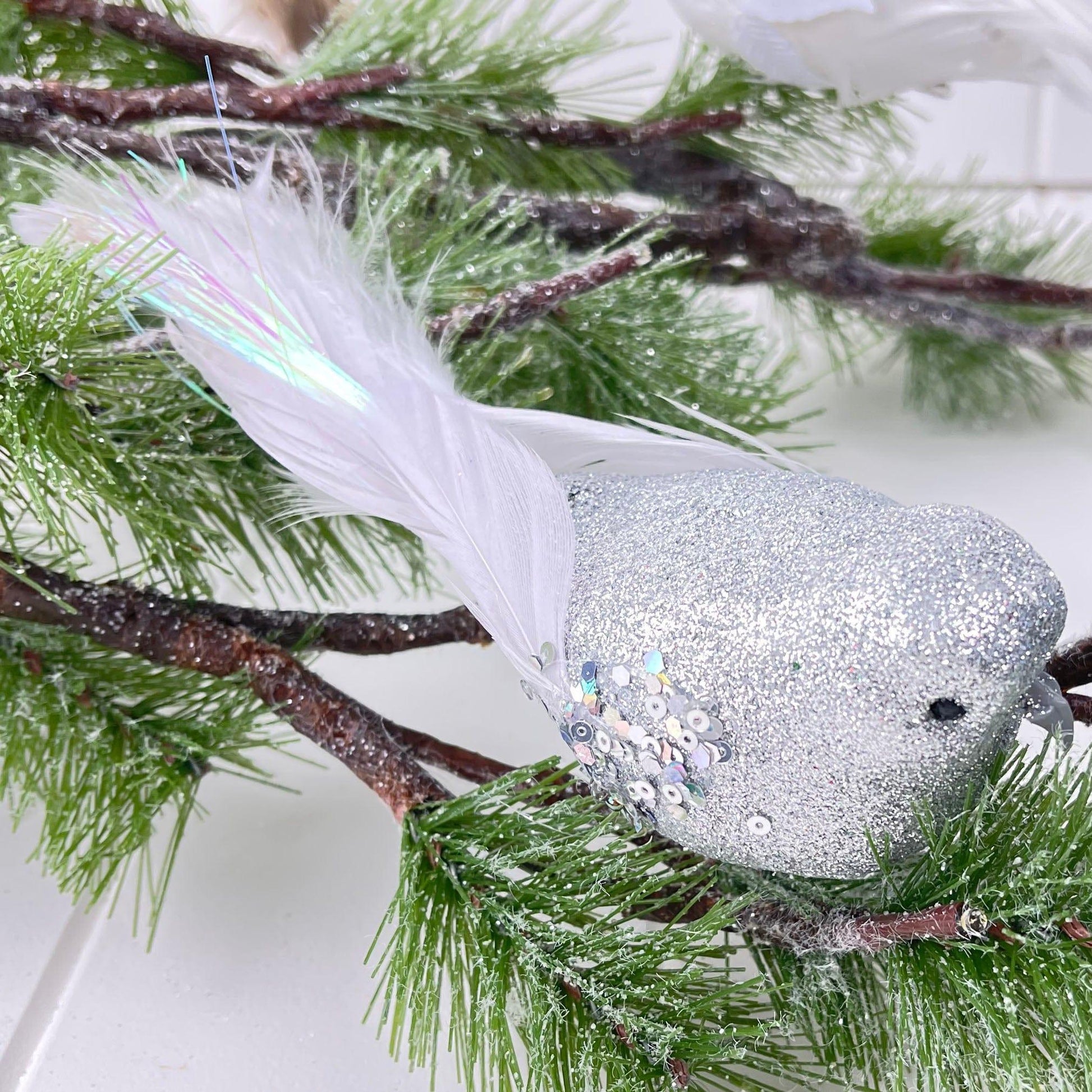 Tree Decoration - Silver Sparkle Clip Bird with Irridescent Tail.