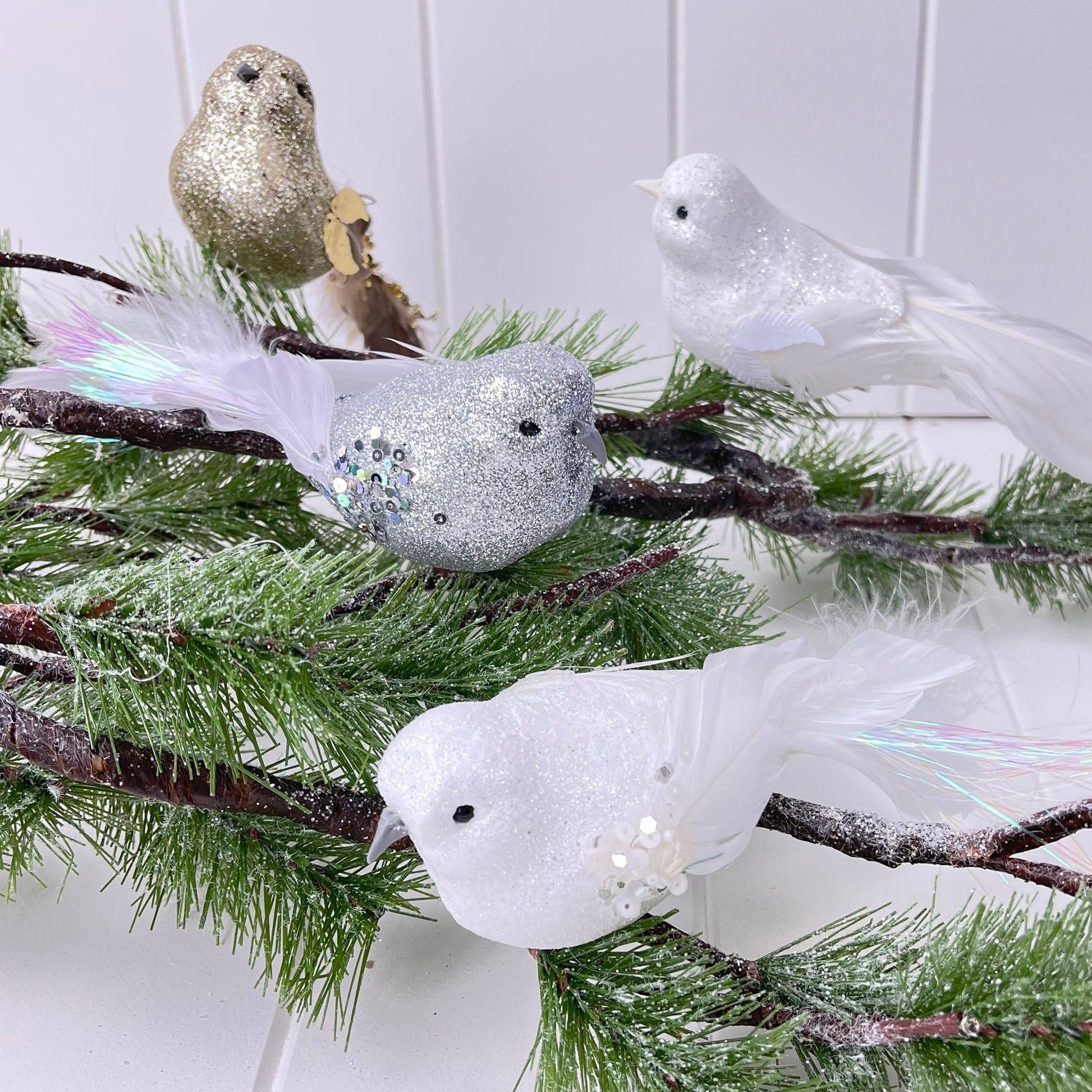 Tree Decoration - White Sparkle Clip Bird with Feather Tail.