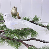 Tree Decoration - White Sparkle Clip Bird with Feather Tail.
