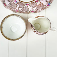 Royal Albert Bone China Colclough Pink and Gold Chintz Cake Plate, Sugar and Creamer Set