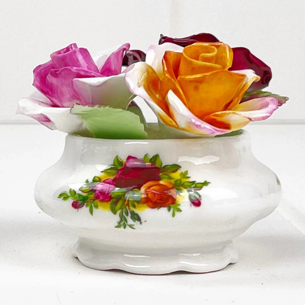 Royal Albert Old Country Roses Small Floral Arrangement with Applied Roses.