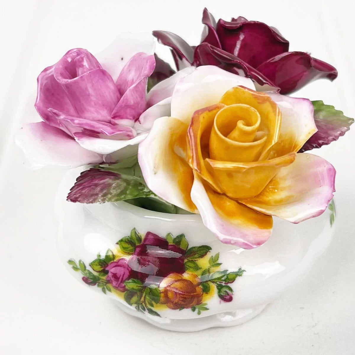 Royal Albert Old Country Roses Small Floral Arrangement with Applied Roses.