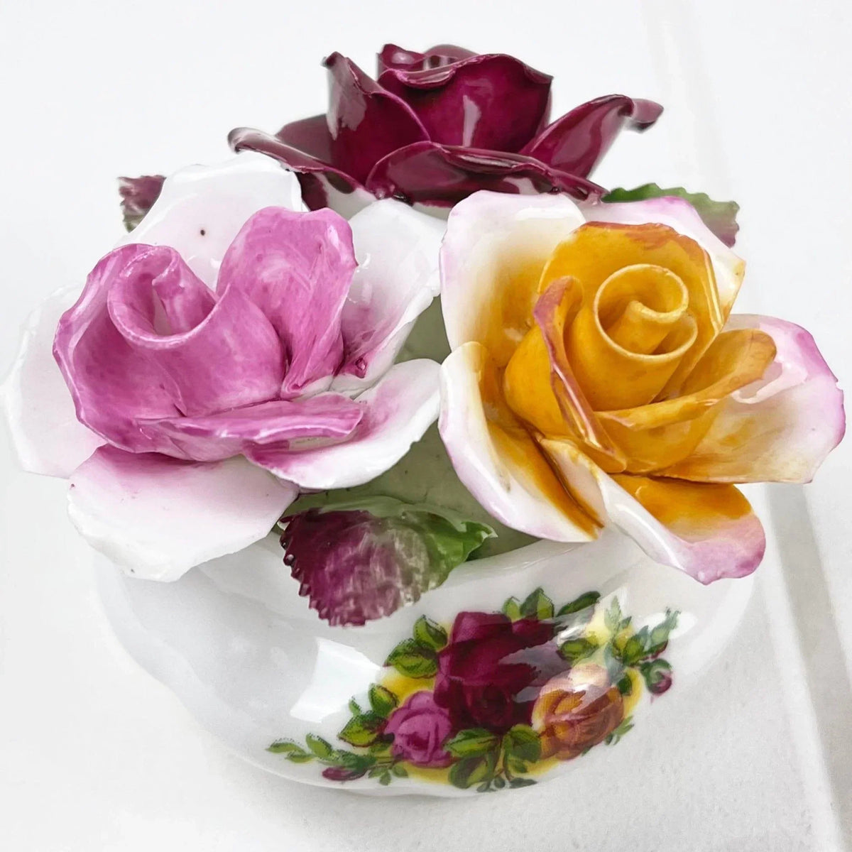Royal Albert Old Country Roses Small Floral Arrangement with Applied Roses.