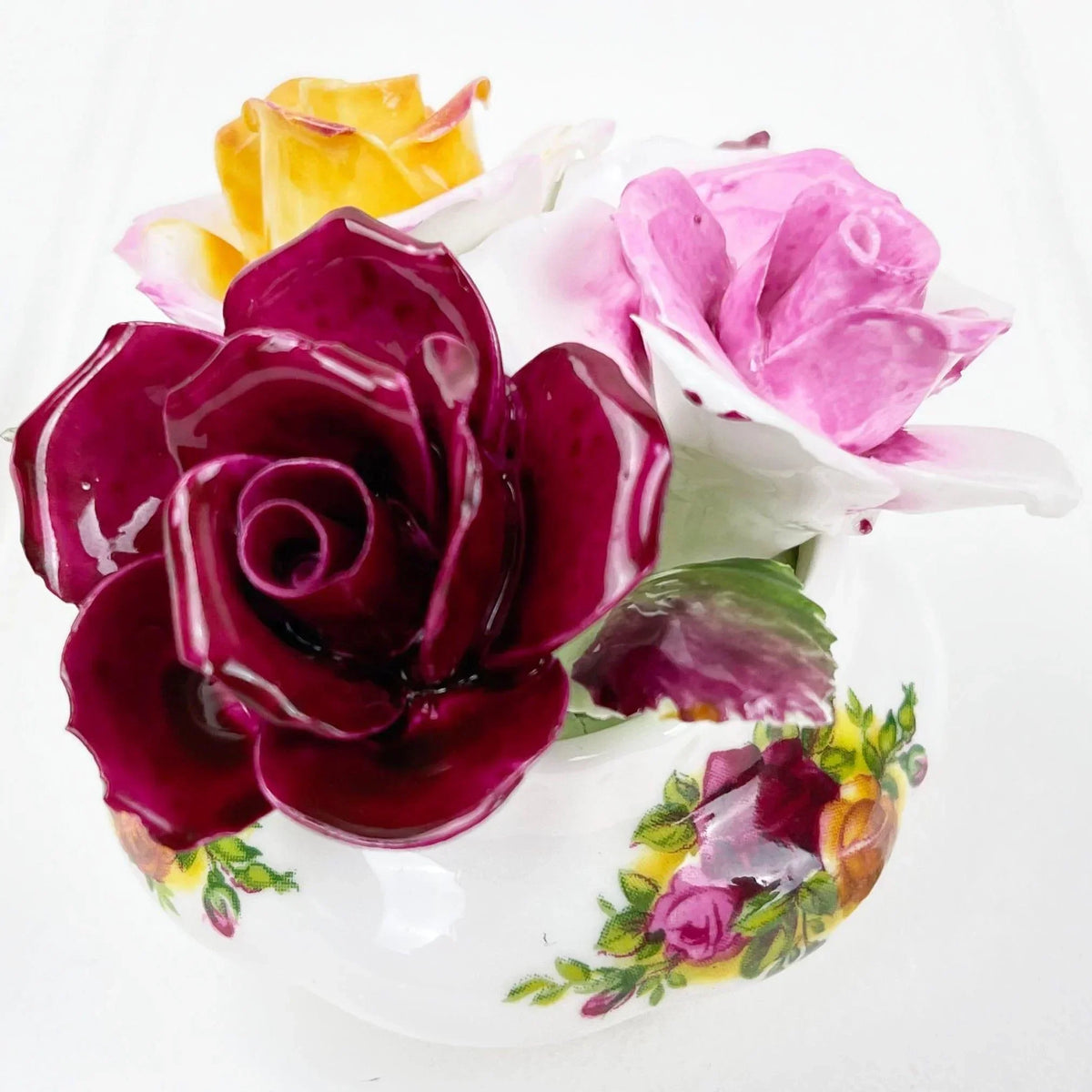 Royal Albert Old Country Roses Small Floral Arrangement with Applied Roses.
